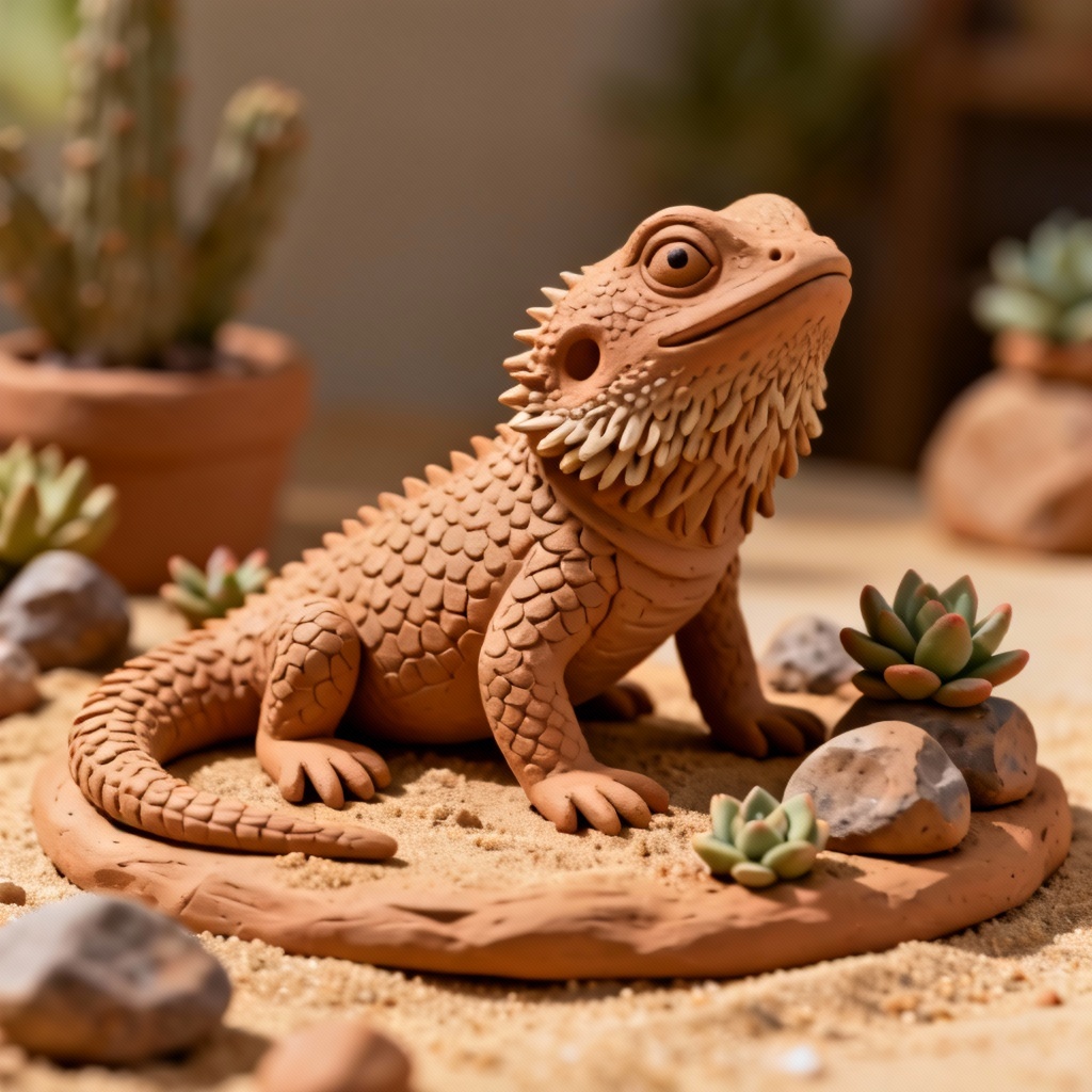 AI clay bearded dragon in a terrarium-style clay diorama