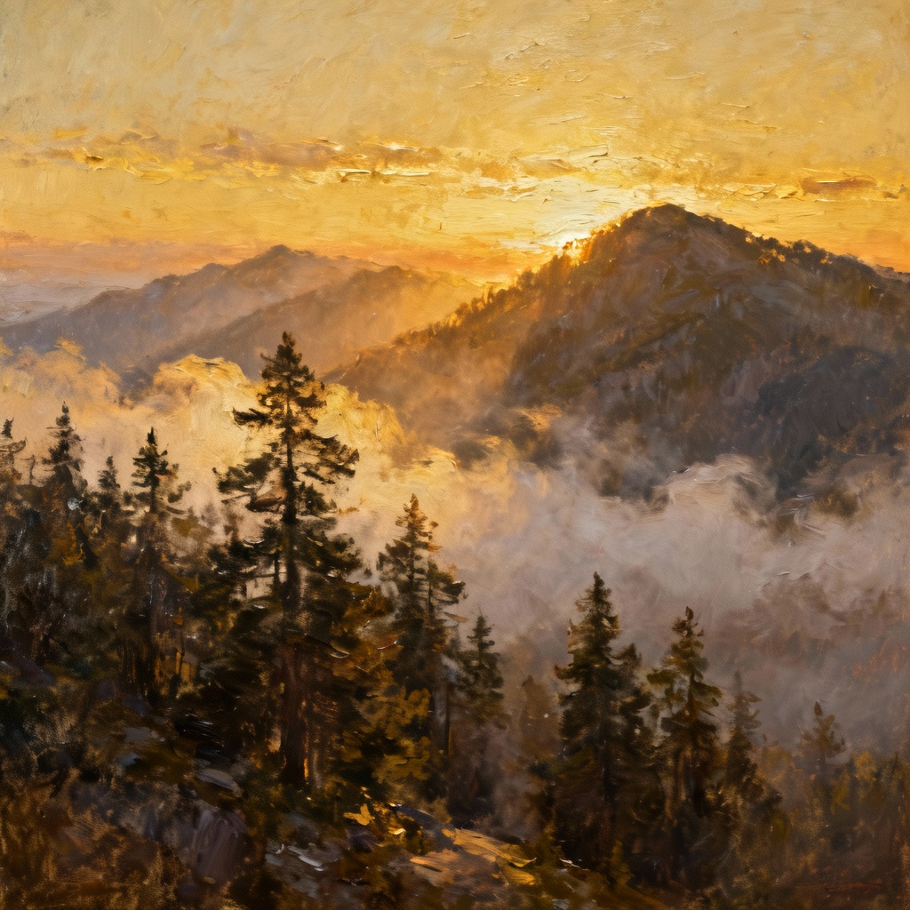 AI landscape oil painting of misty mountains at sunrise