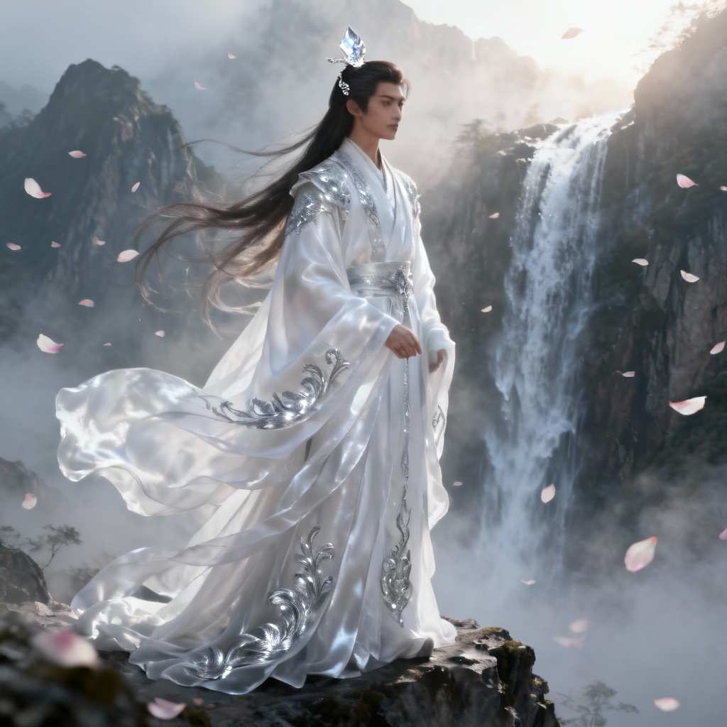 AI xianxia immortal robes on mountain cliff