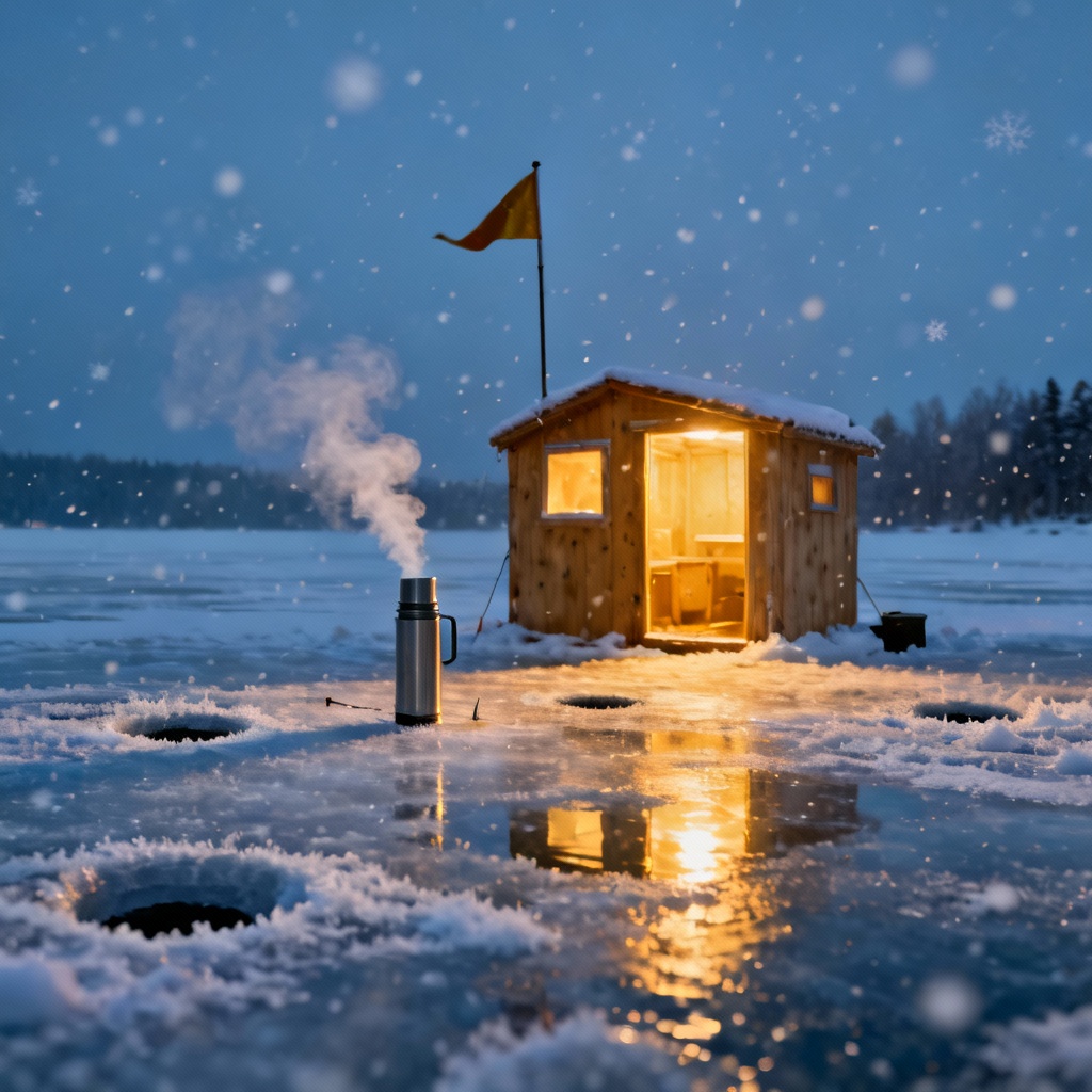 AI ice fishing scene with tip-up and warm cabin light