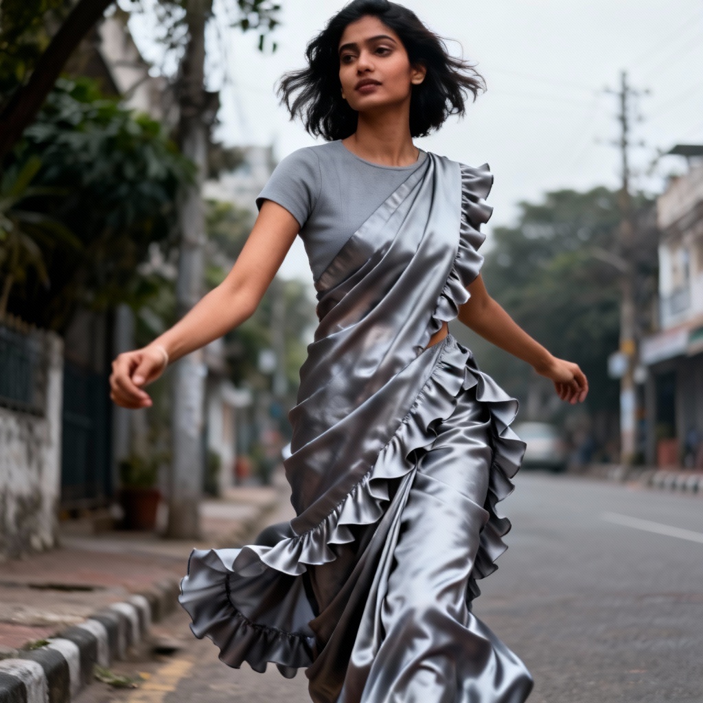 AI contemporary ruffle saree street style