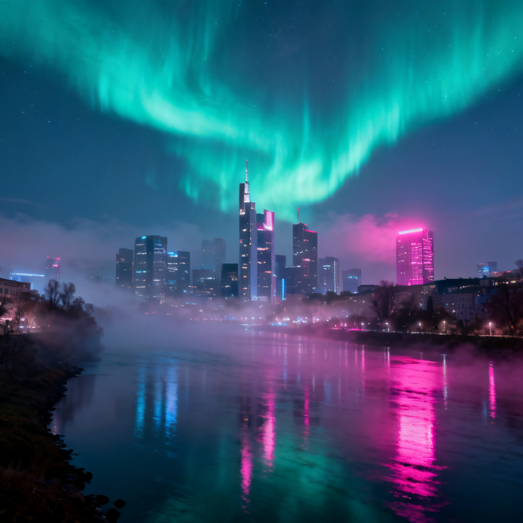 AI aurora above a modern city skyline at night