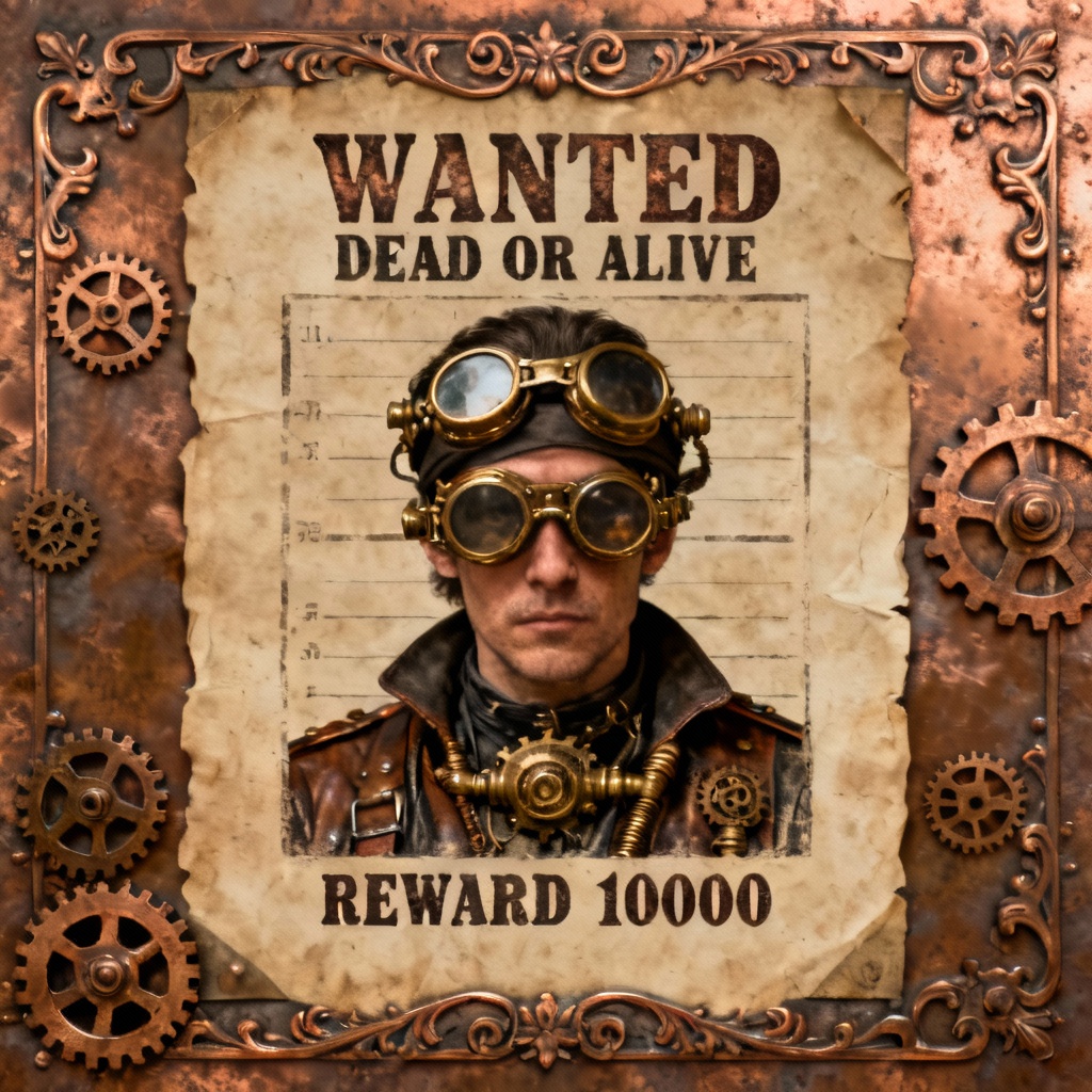 AI steampunk wanted poster design