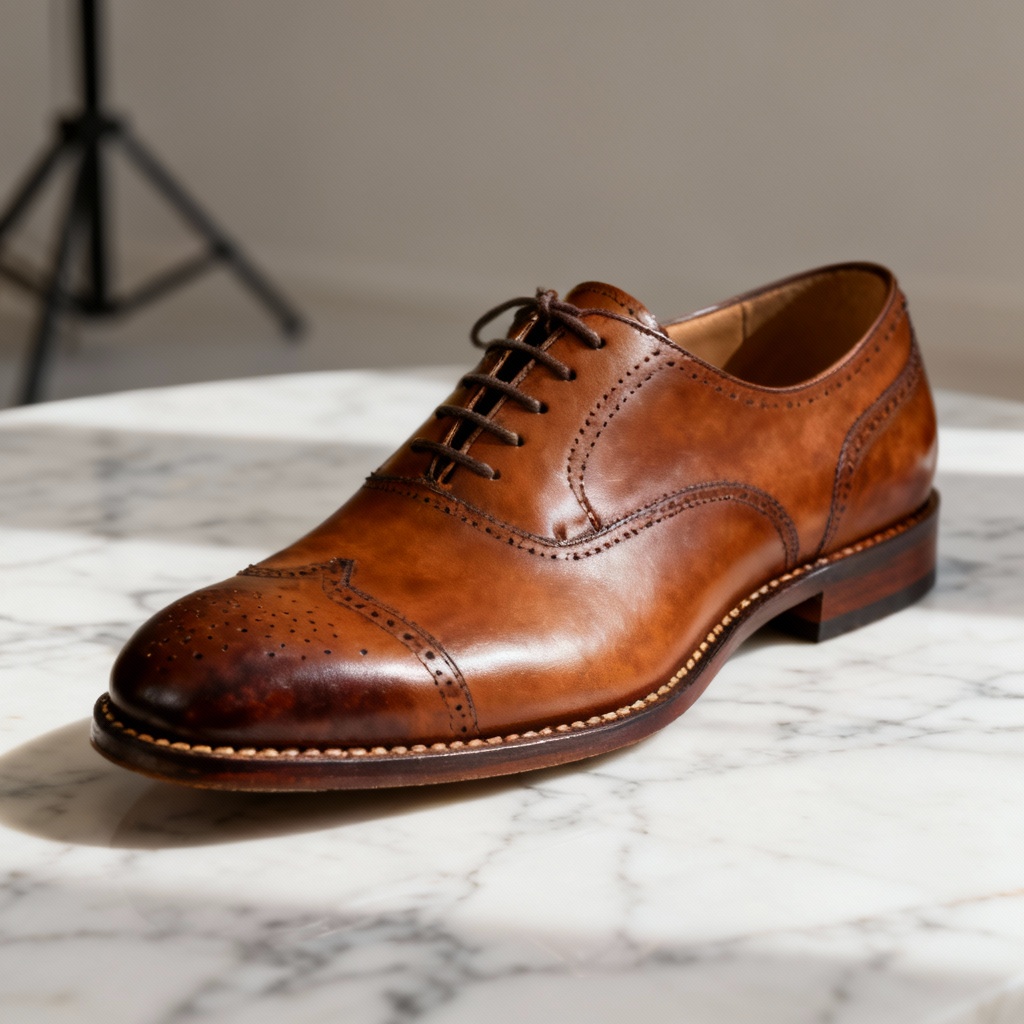 Photorealistic cognac brown leather oxford shoe on marble surface