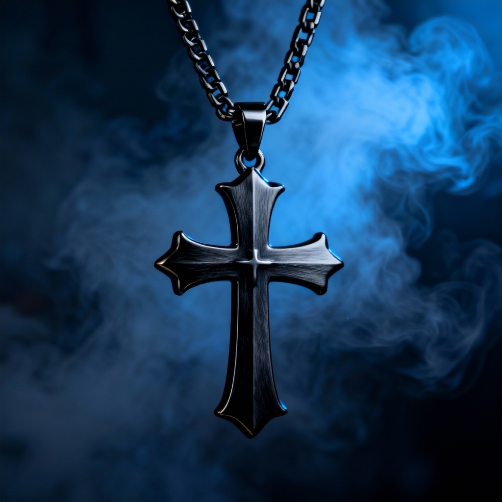 AI gothic cross pendant in black rhodium