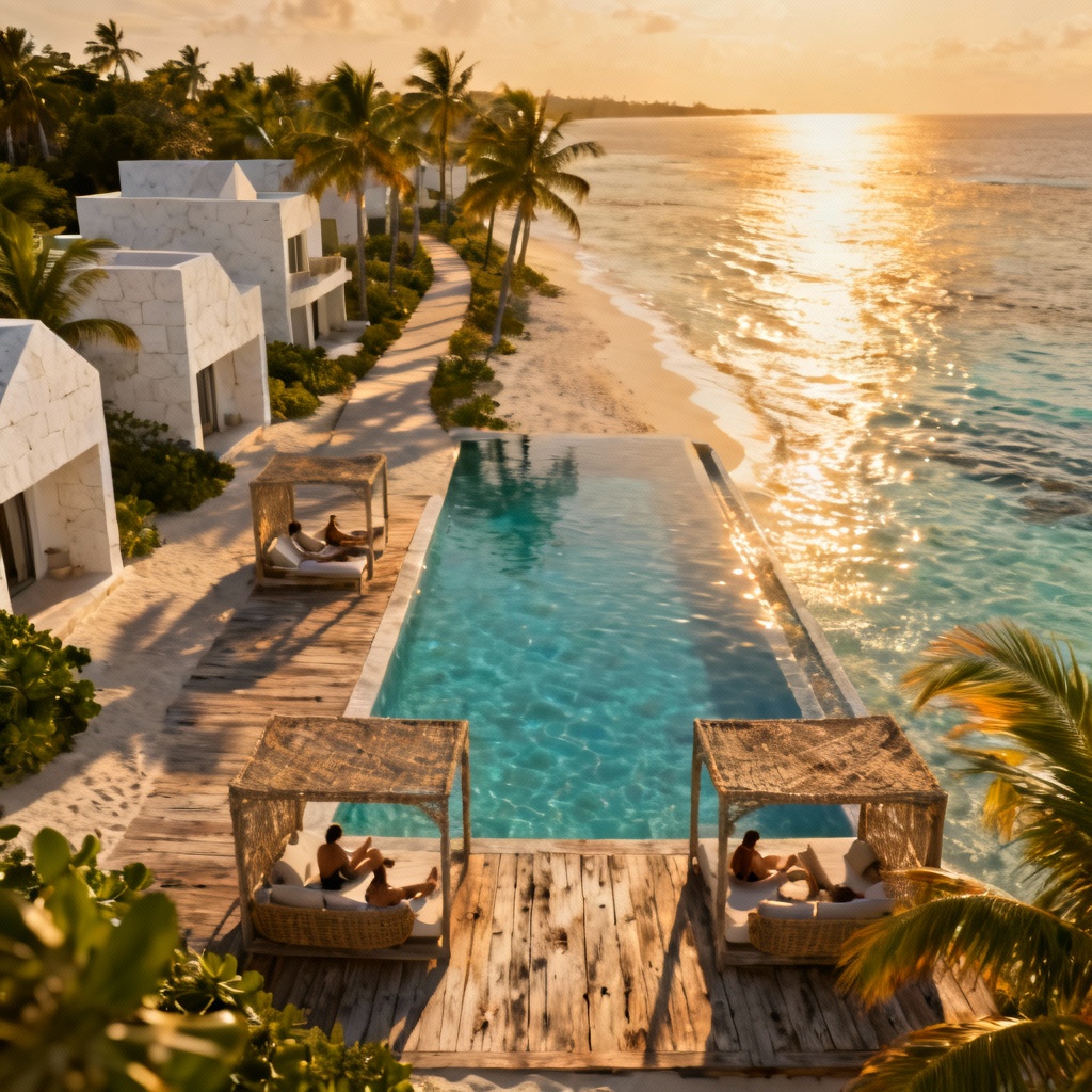 AI luxury resort generator render of a beachfront infinity pool at sunset