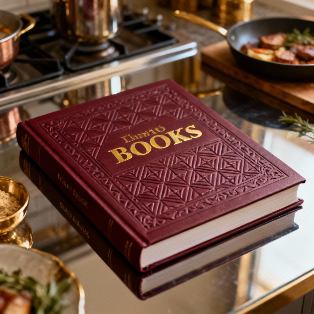 Luxury maroon cookbook with embossed pattern and gold foil title
