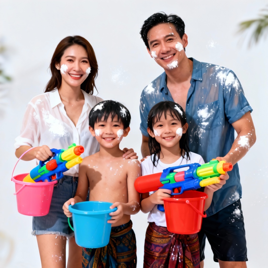 AI Songkran family portrait with buckets and powder