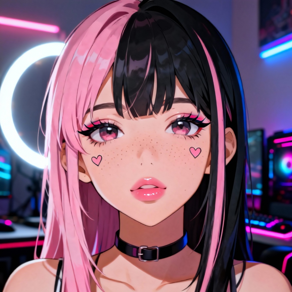 AI e-girl portrait with neon lighting and pastel hair