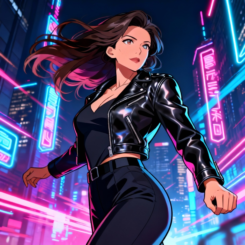 Anime MILF character with neon city background