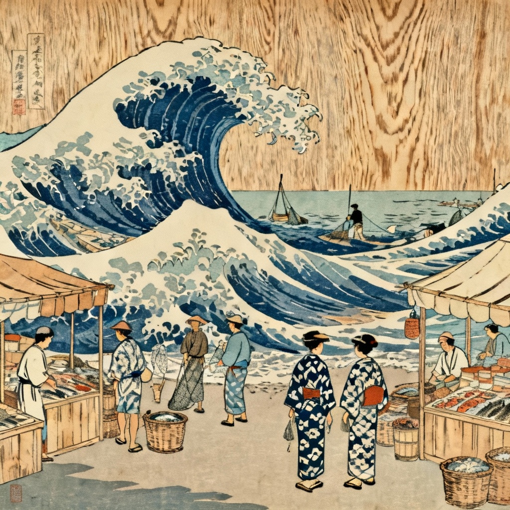 AI ukiyo-e coastal market cultural illustration