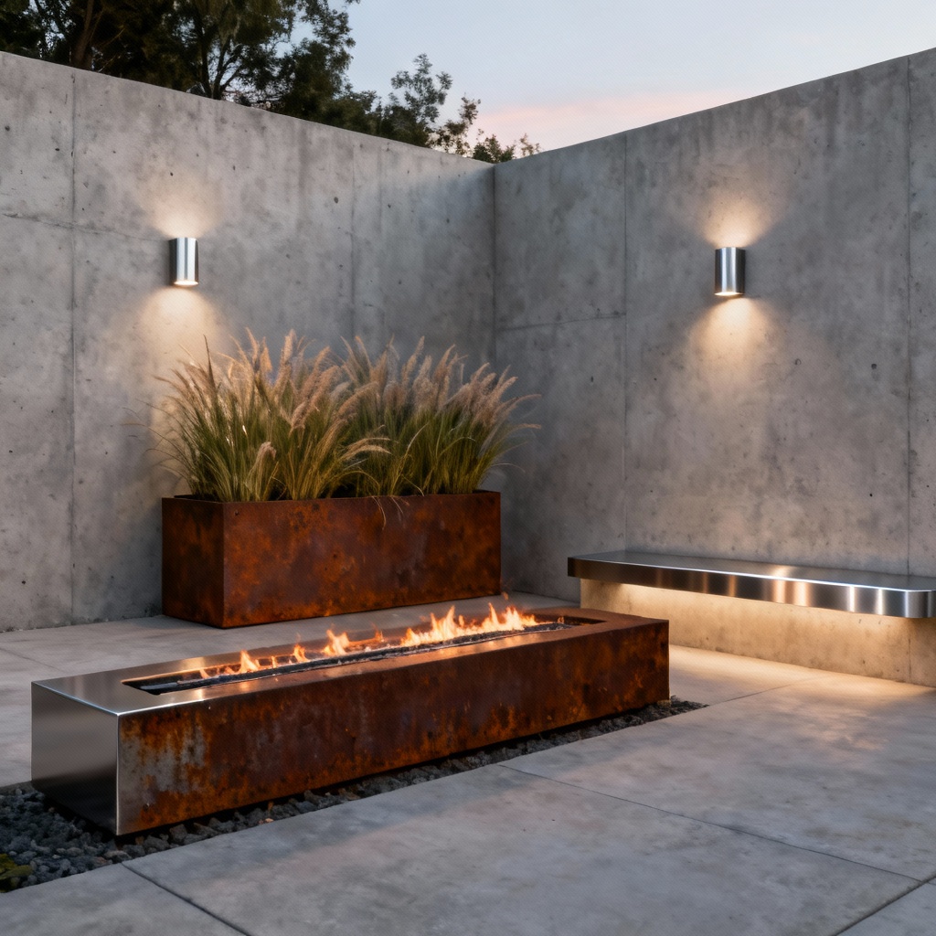 AI modern minimalist concrete courtyard with fire feature