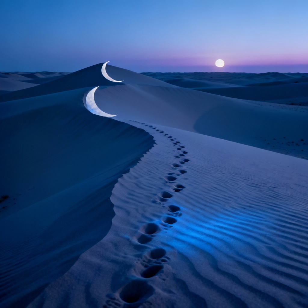 AI desert sand dunes at twilight with moonrise