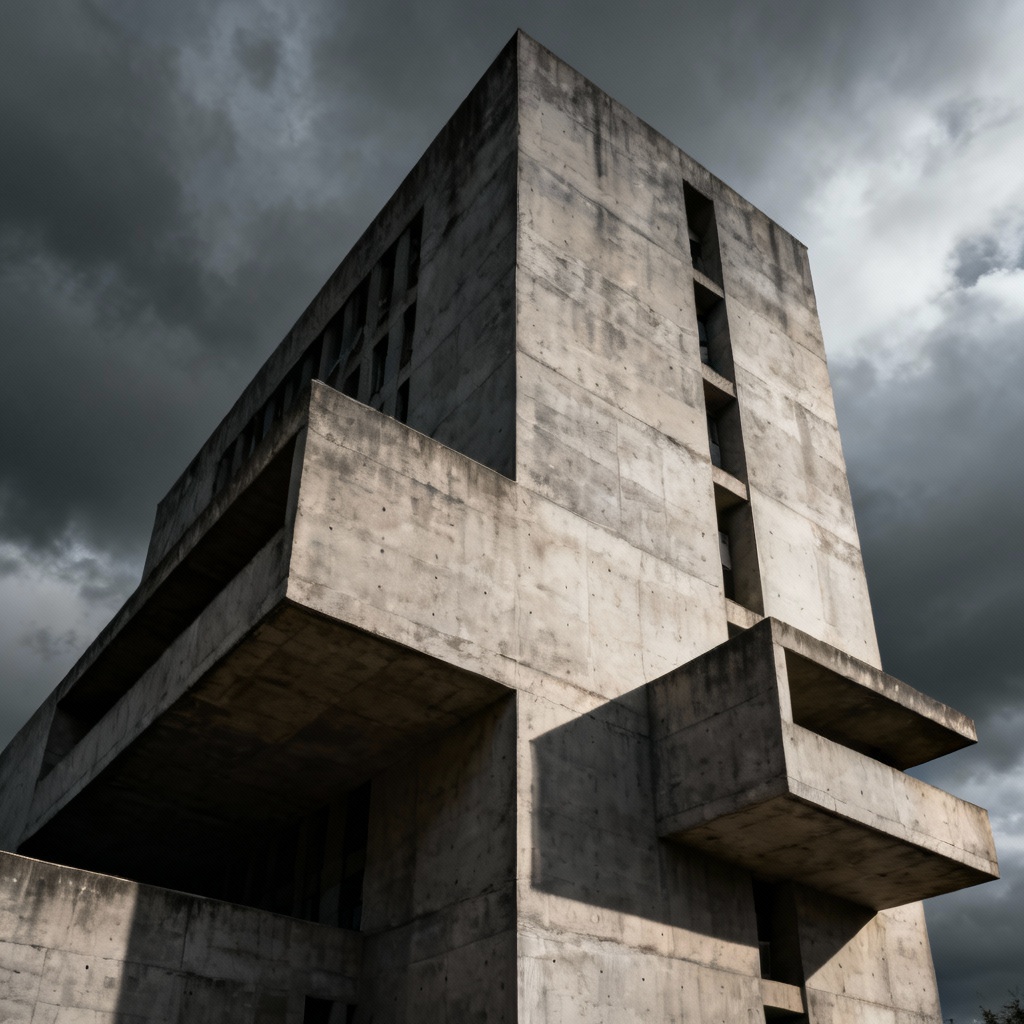 Brutalist megatower with deep shadows and sculptural terraces