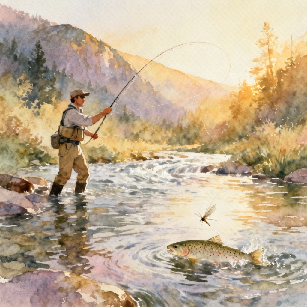 AI fly fishing scene on a calm mountain river