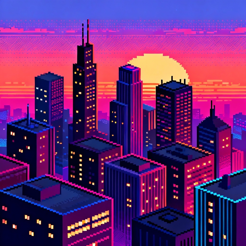 AI pixel art generator isometric city at sunset