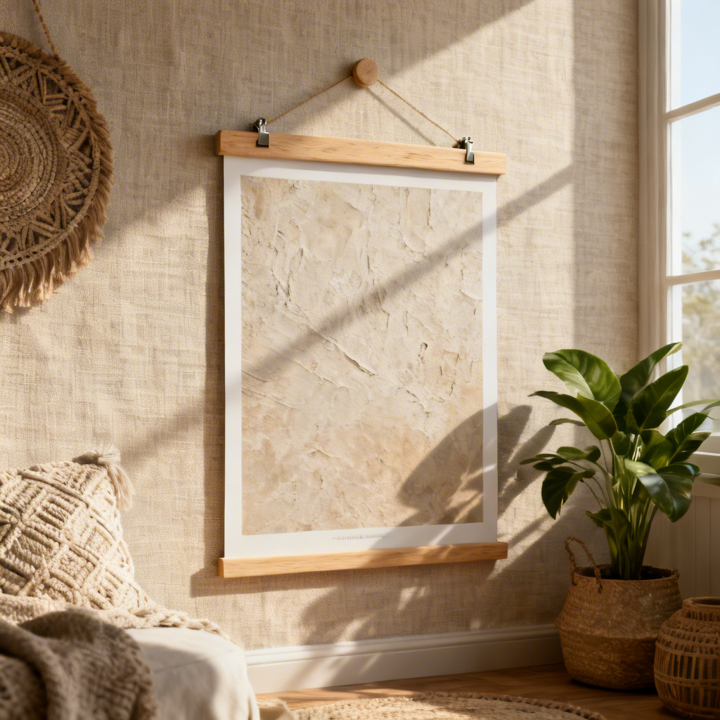 AI poster hanger in light oak clamping an art print