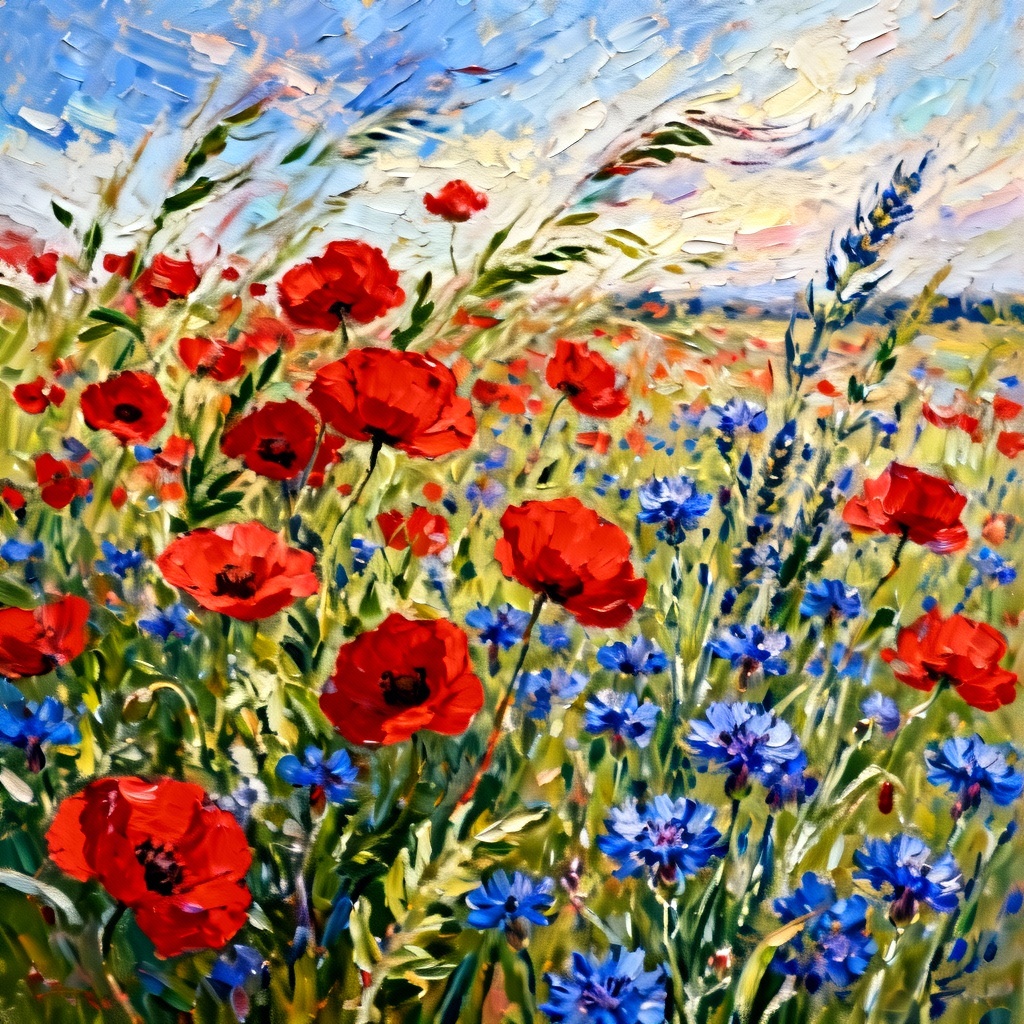 AI impressionist field of poppies and cornflowers