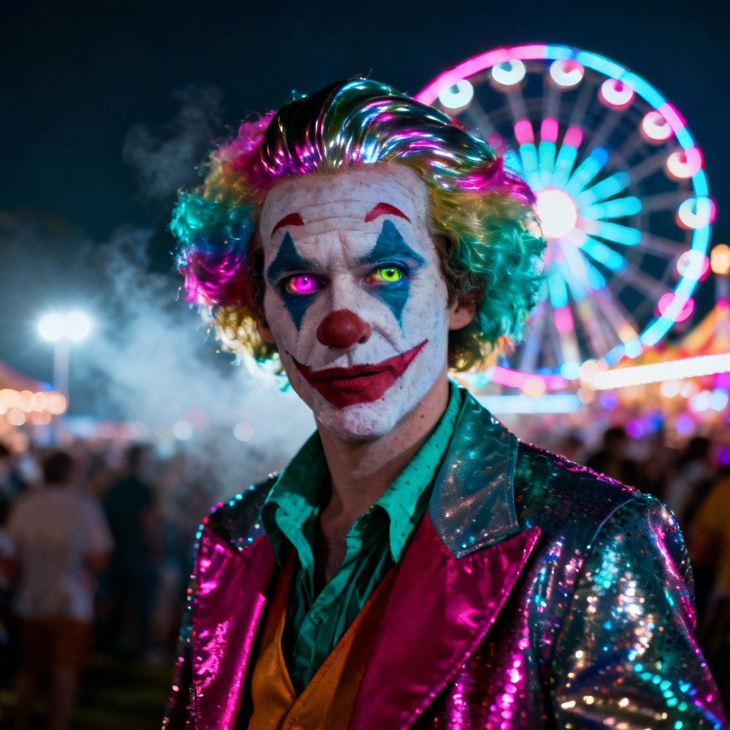 AI neon night carnival clown portrait