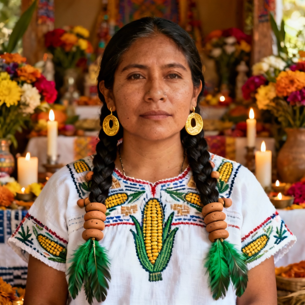 AI Aztec-inspired priestess outfit with maize motifs