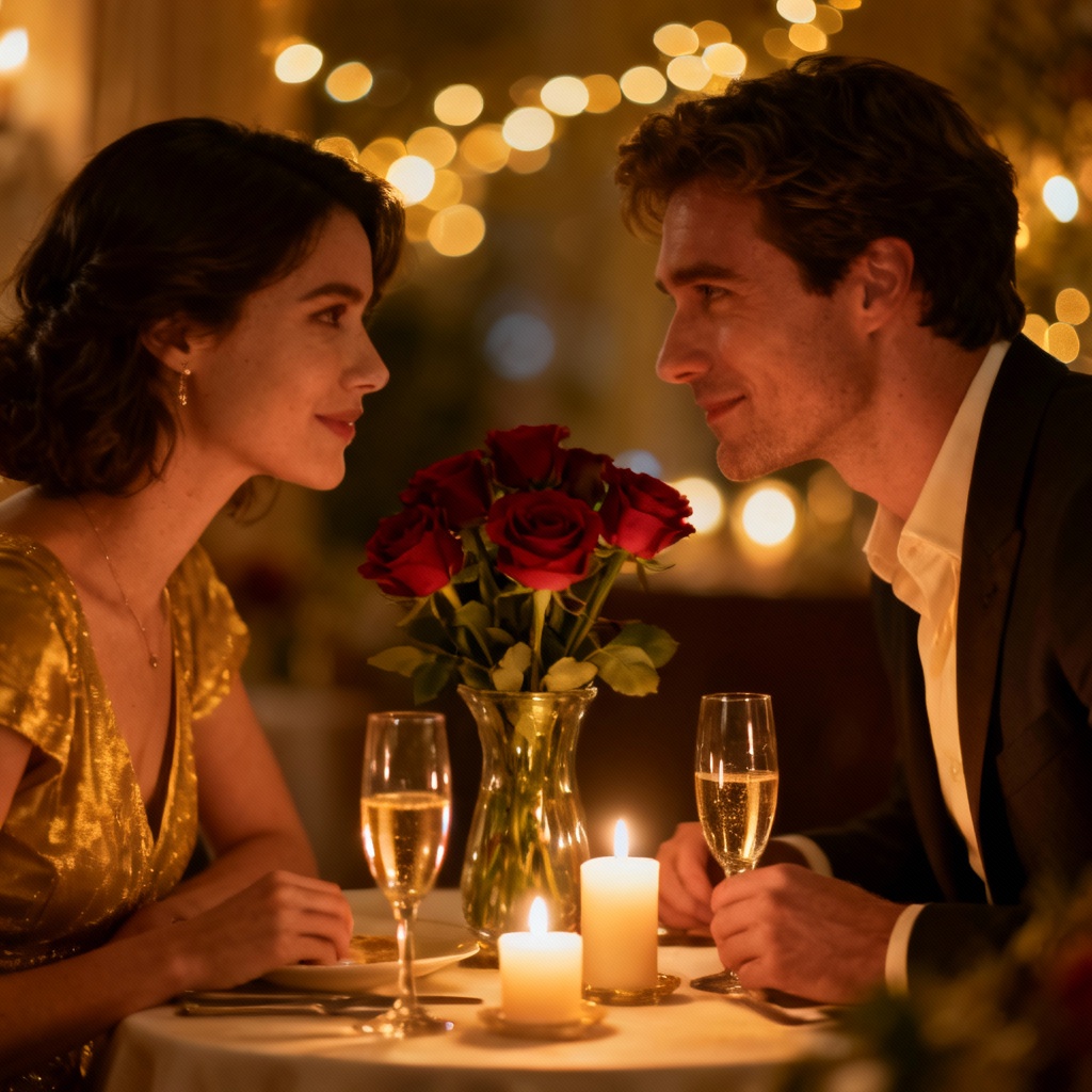 AI Valentine couple candlelight dinner portrait