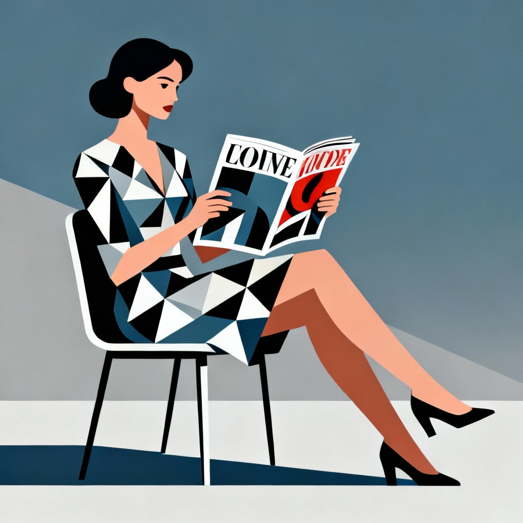Minimal vector editorial of a woman reading a magazine