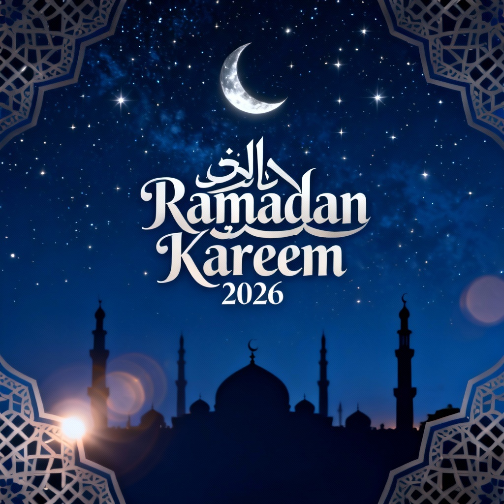 AI Ramadan Kareem 2026 mosque skyline banner