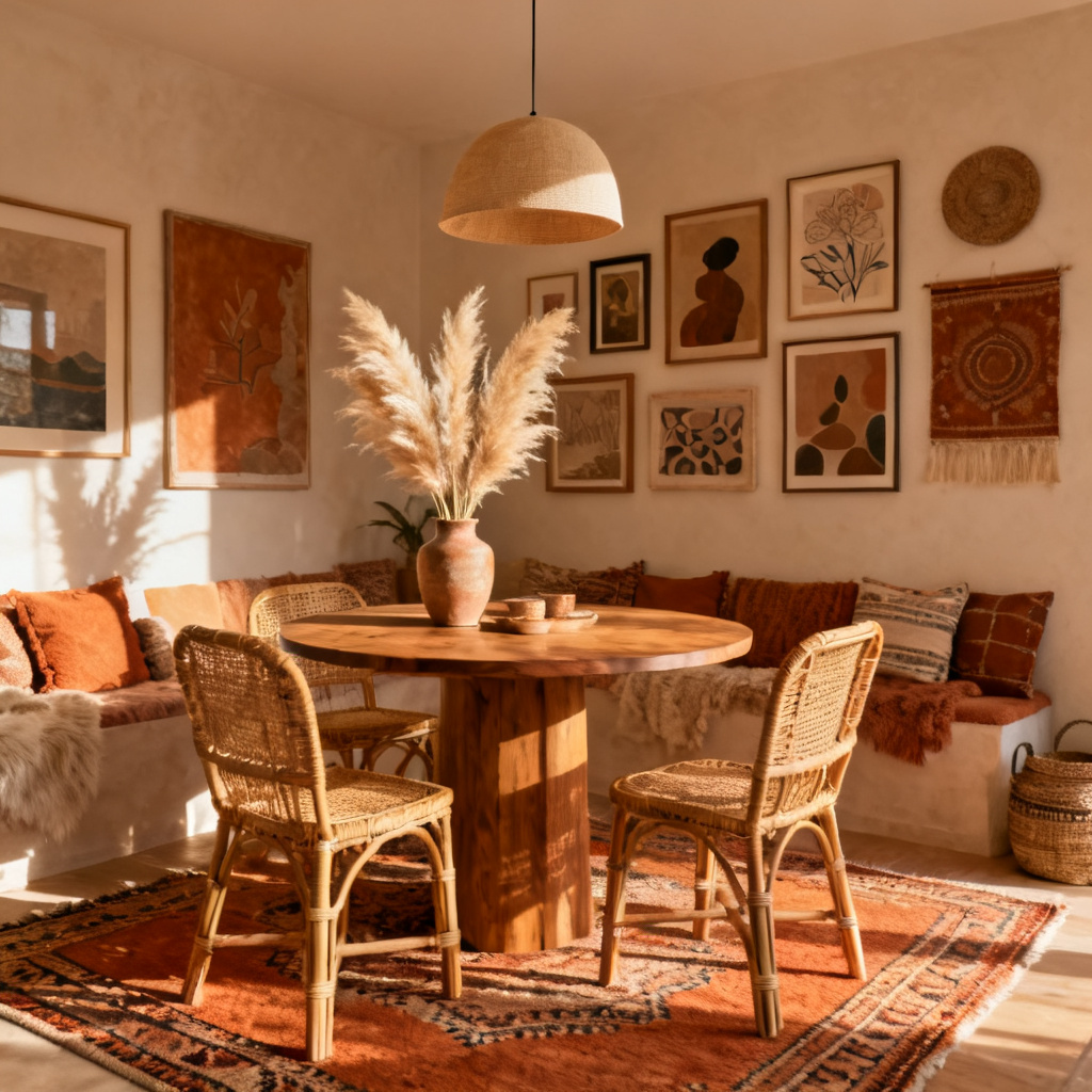 AI boho dining nook with rattan chairs and warm tones