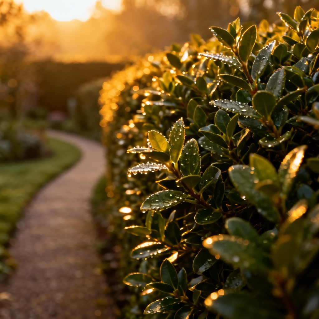 Photorealistic boxwood hedge along a sunlit path