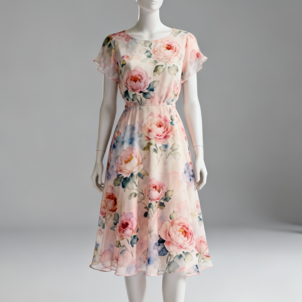 AI generated floral midi dress on mannequin with seamless rose pattern