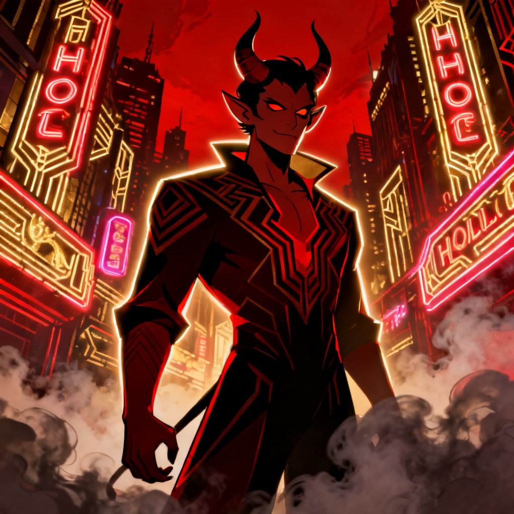AI Hazbin Hotel OC portrait in neon hell city style