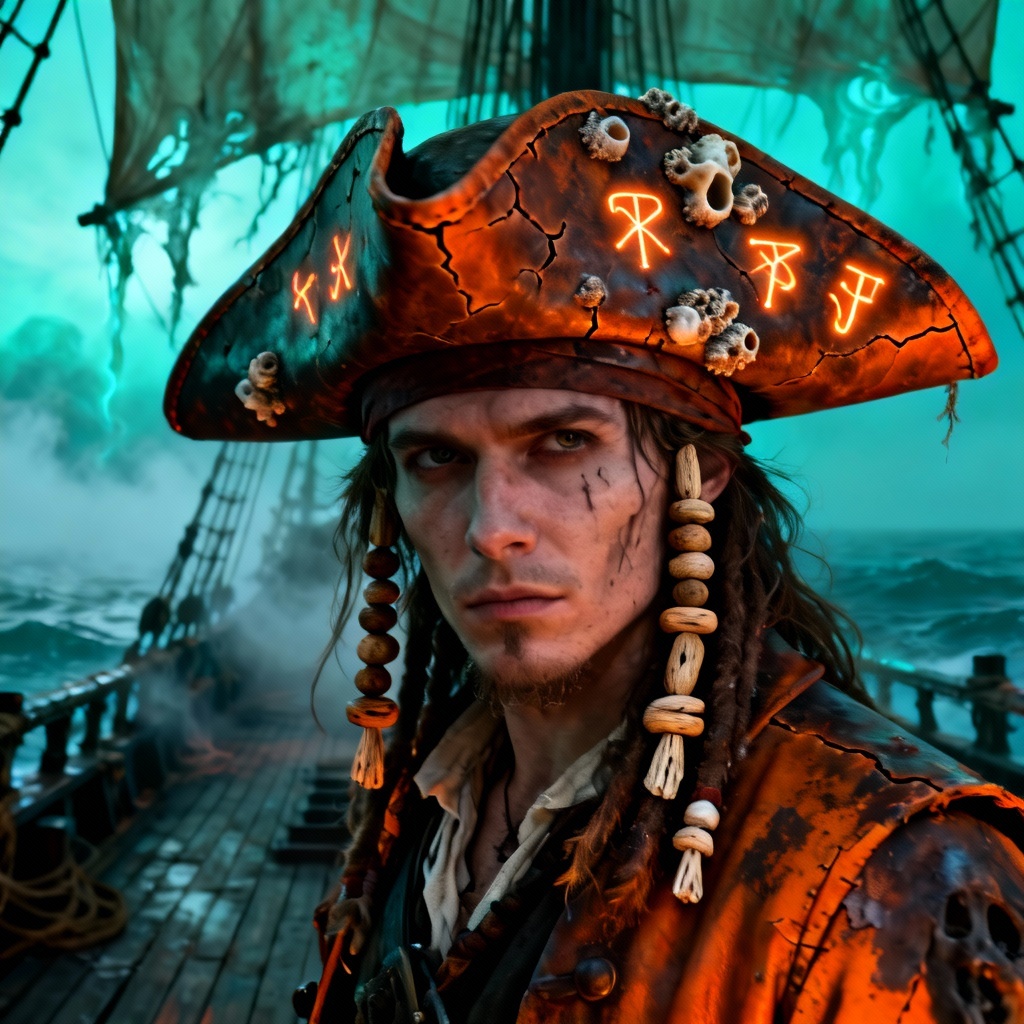AI ghost ship filter applied to pirate cosplay portrait