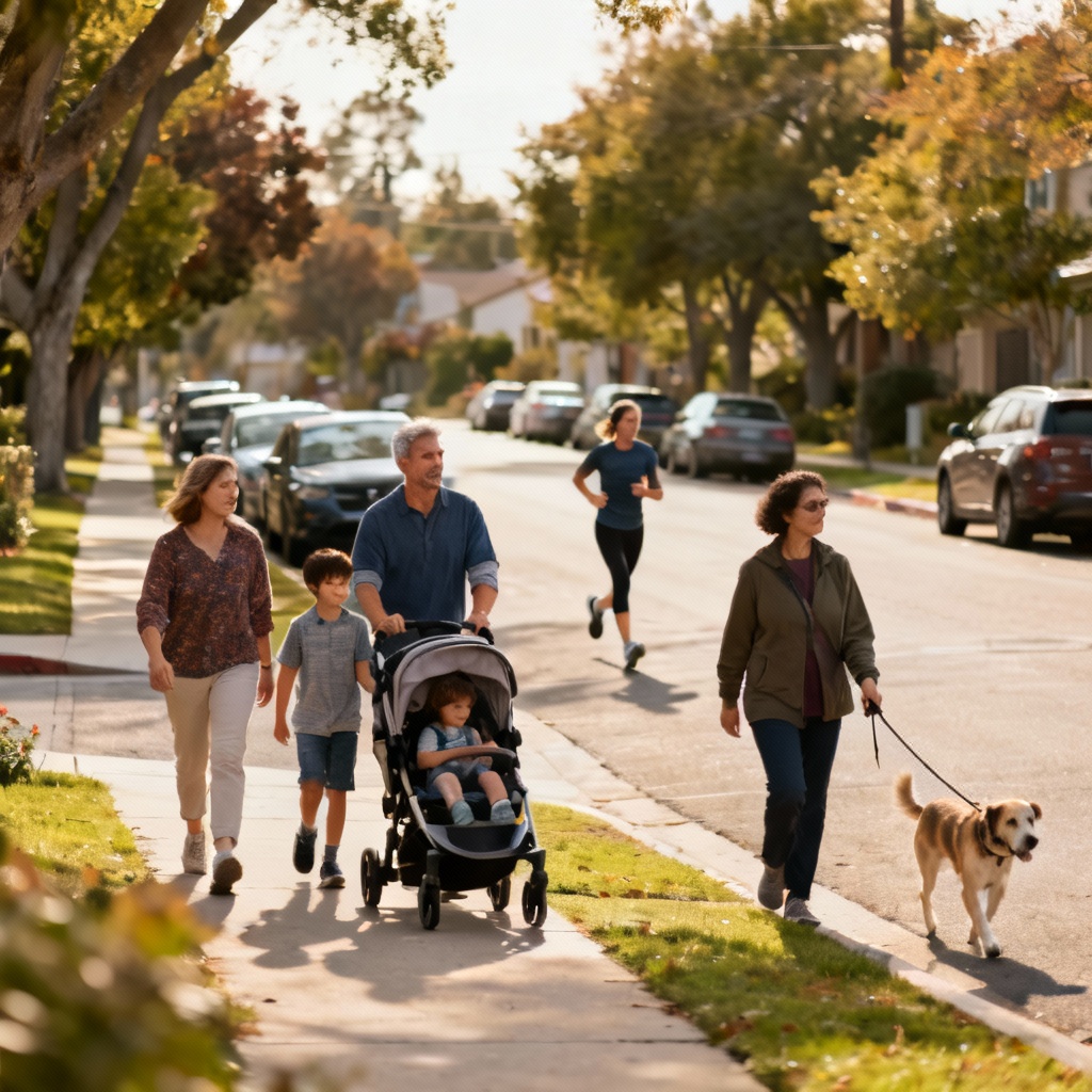 AI suburban sidewalk pedestrians including family and jogger