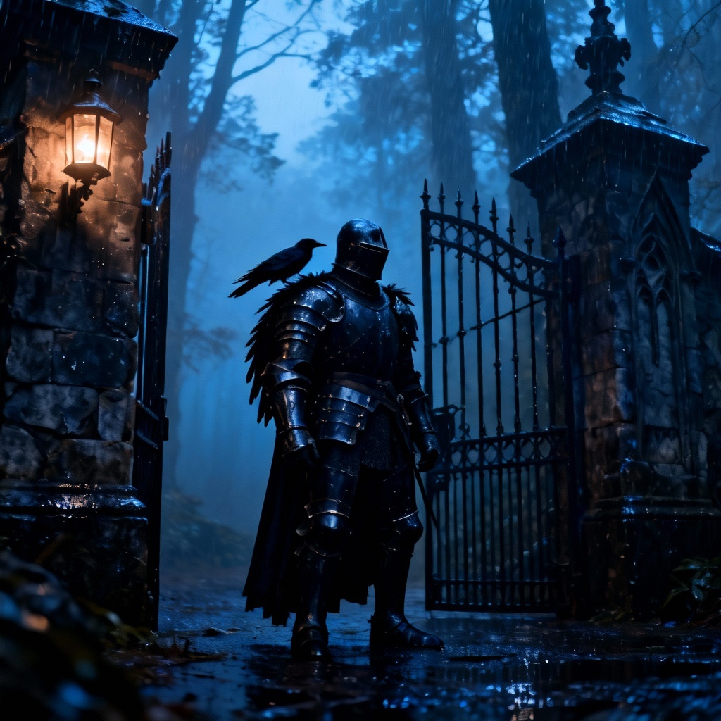 AI Gothic Raven Knight guarding castle gate