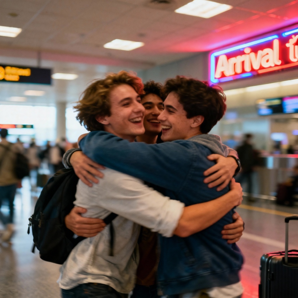 AI reunion hug at airport with motion blur