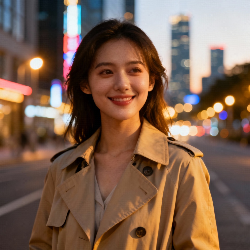 AI fake girlfriend portrait in a modern city street at dusk