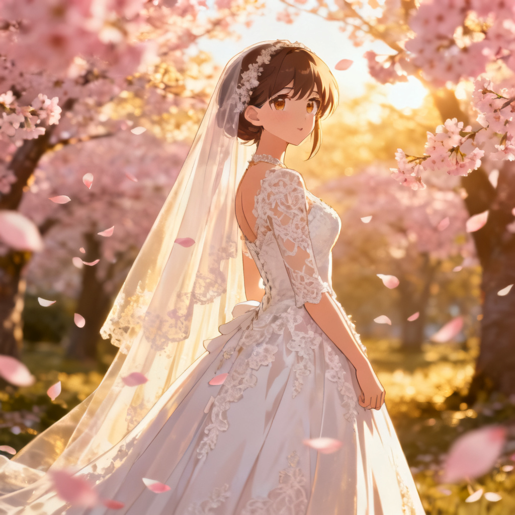AI anime bride in a sakura garden with veil