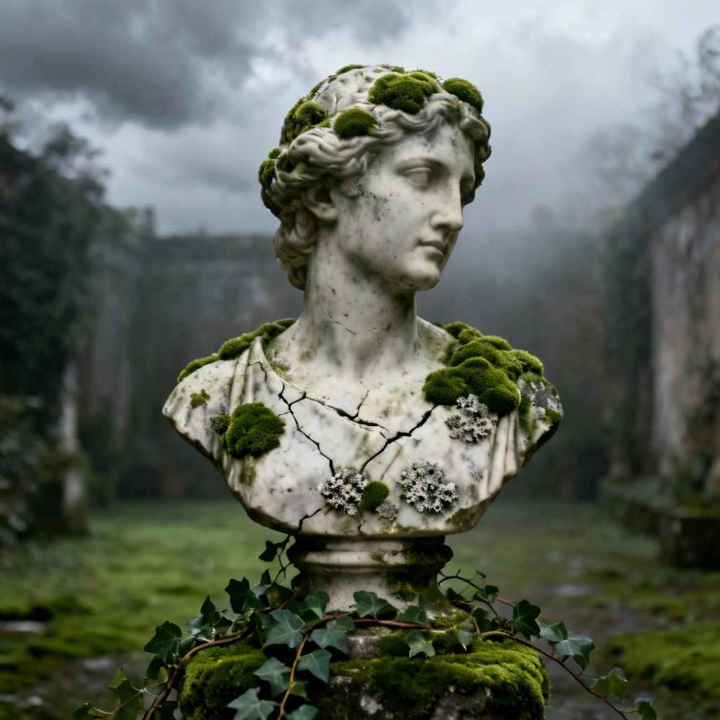 Classical stone statue overgrown with vivid moss