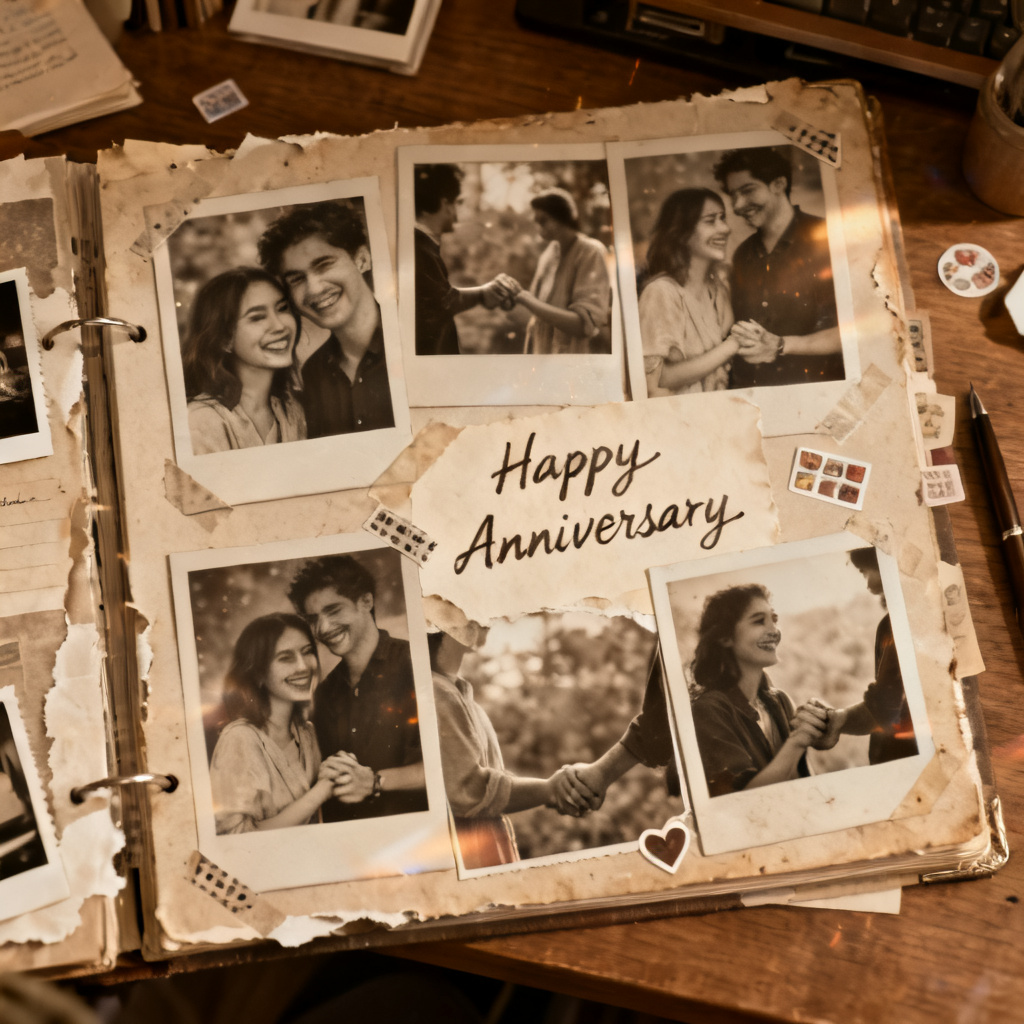AI vintage film anniversary collage with candid couple photos