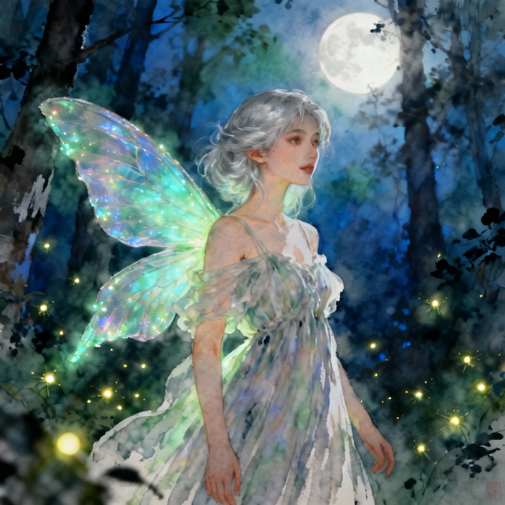 Ethereal moonlit forest fairy with glowing iridescent wings