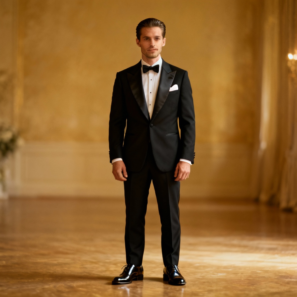Classic black-tie groom with slicked-back hair