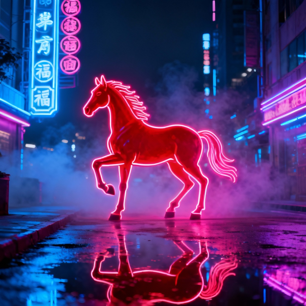 AI neon cyberpunk red horse luck artwork