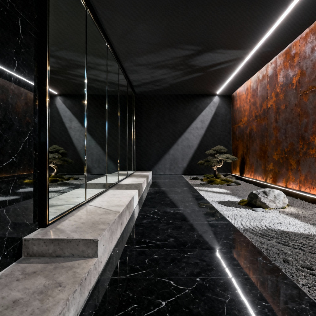 Minimalist black granite lap pool with sculptural stairs