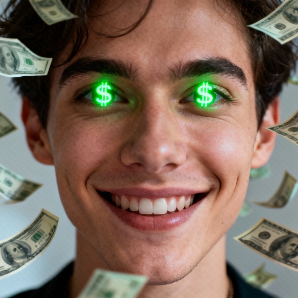 AI Money Eyes Filter selfie with dollar eyes and cash rain