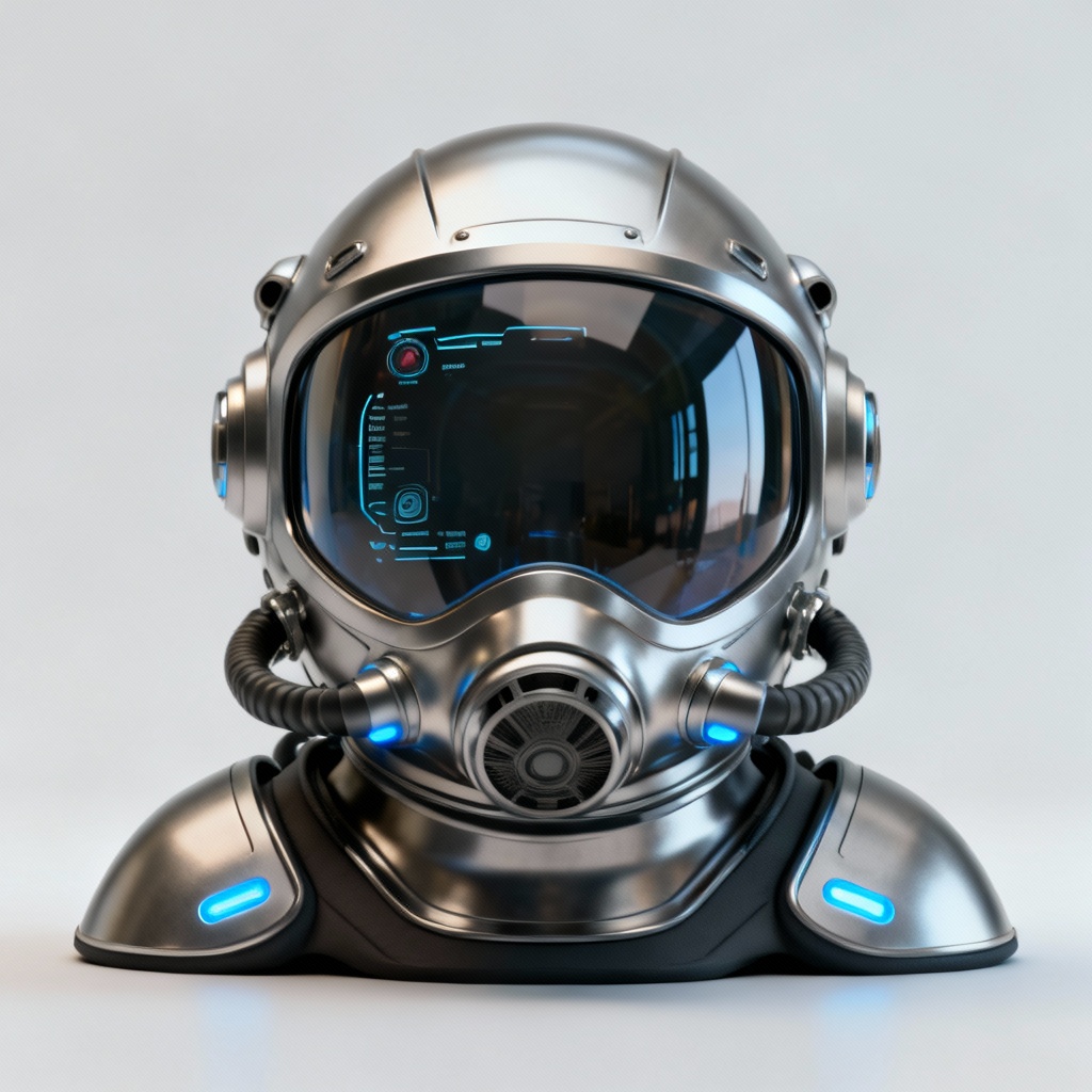 AI sci-fi diving helmet with panoramic visor and HUD