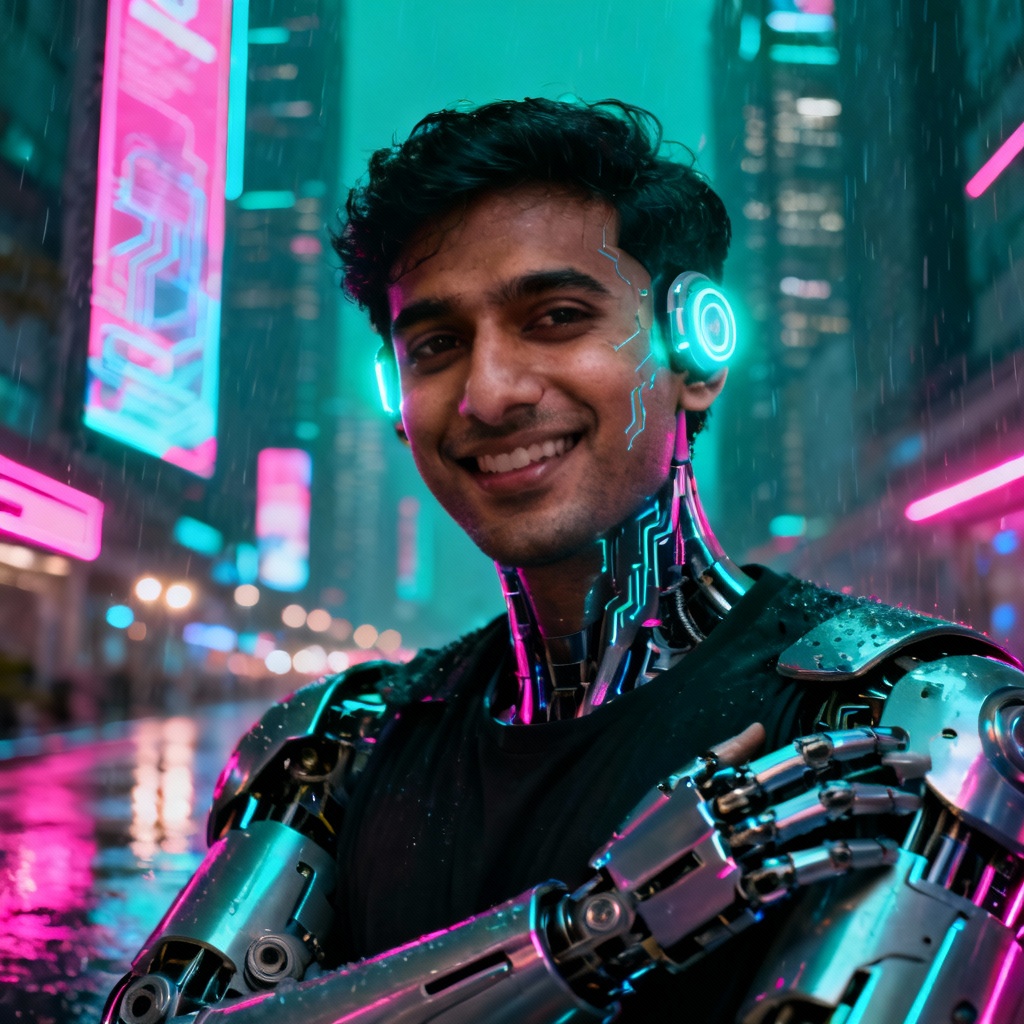 AI futuristic cyborg Santosh in neon scene