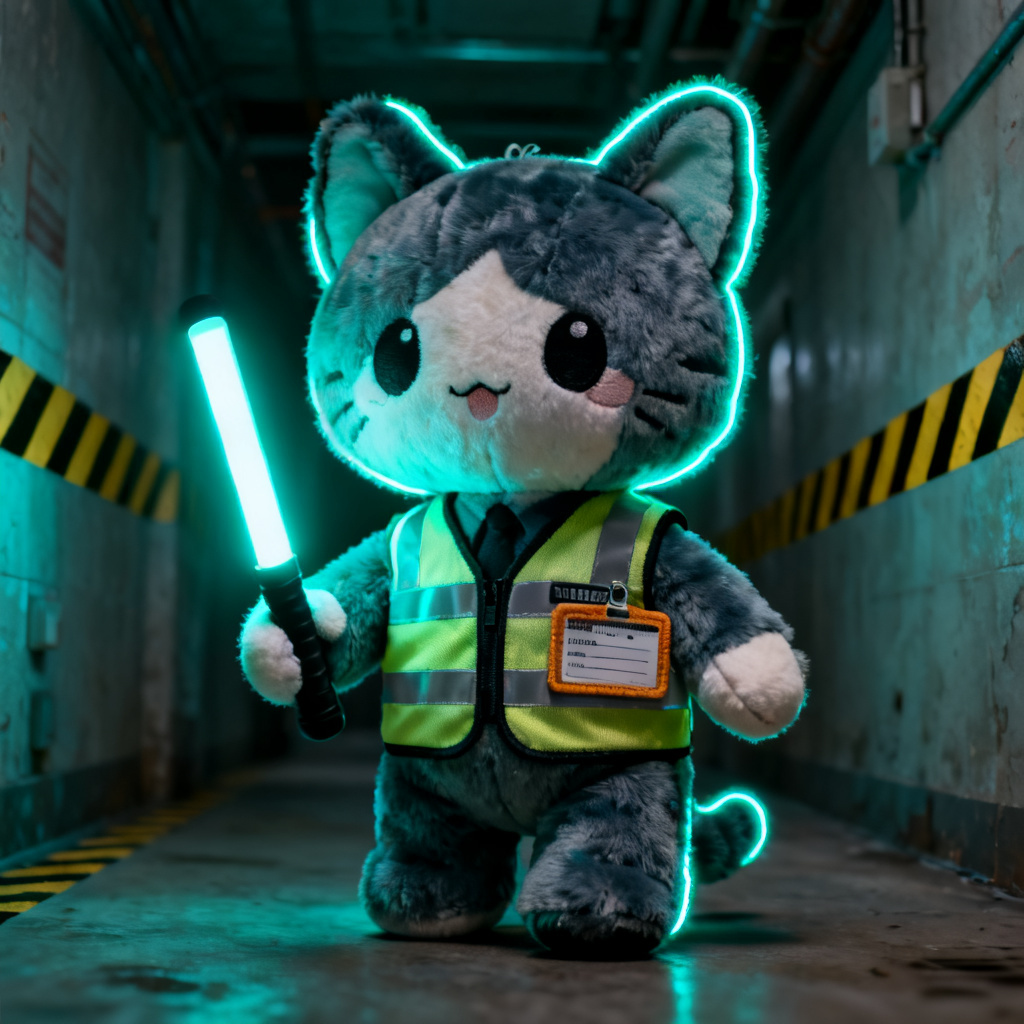 AI plush guard Poppy Playtime OC with neon lighting and caution stripes