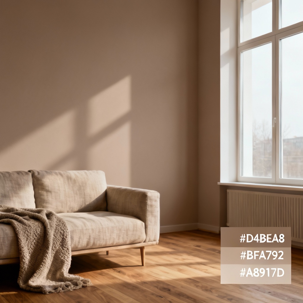 AI warm taupe interior rendering with hex code overlay