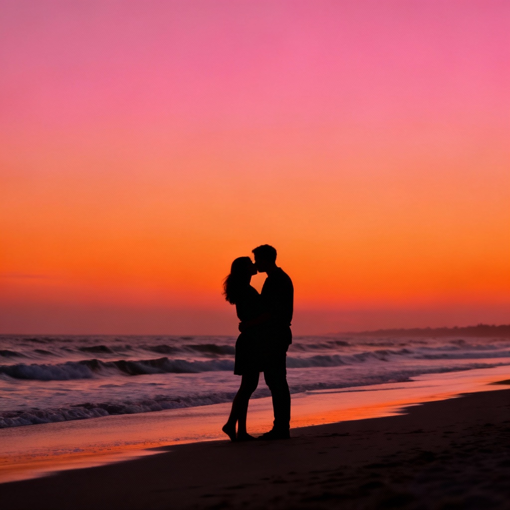 AI sunset beach kiss silhouette