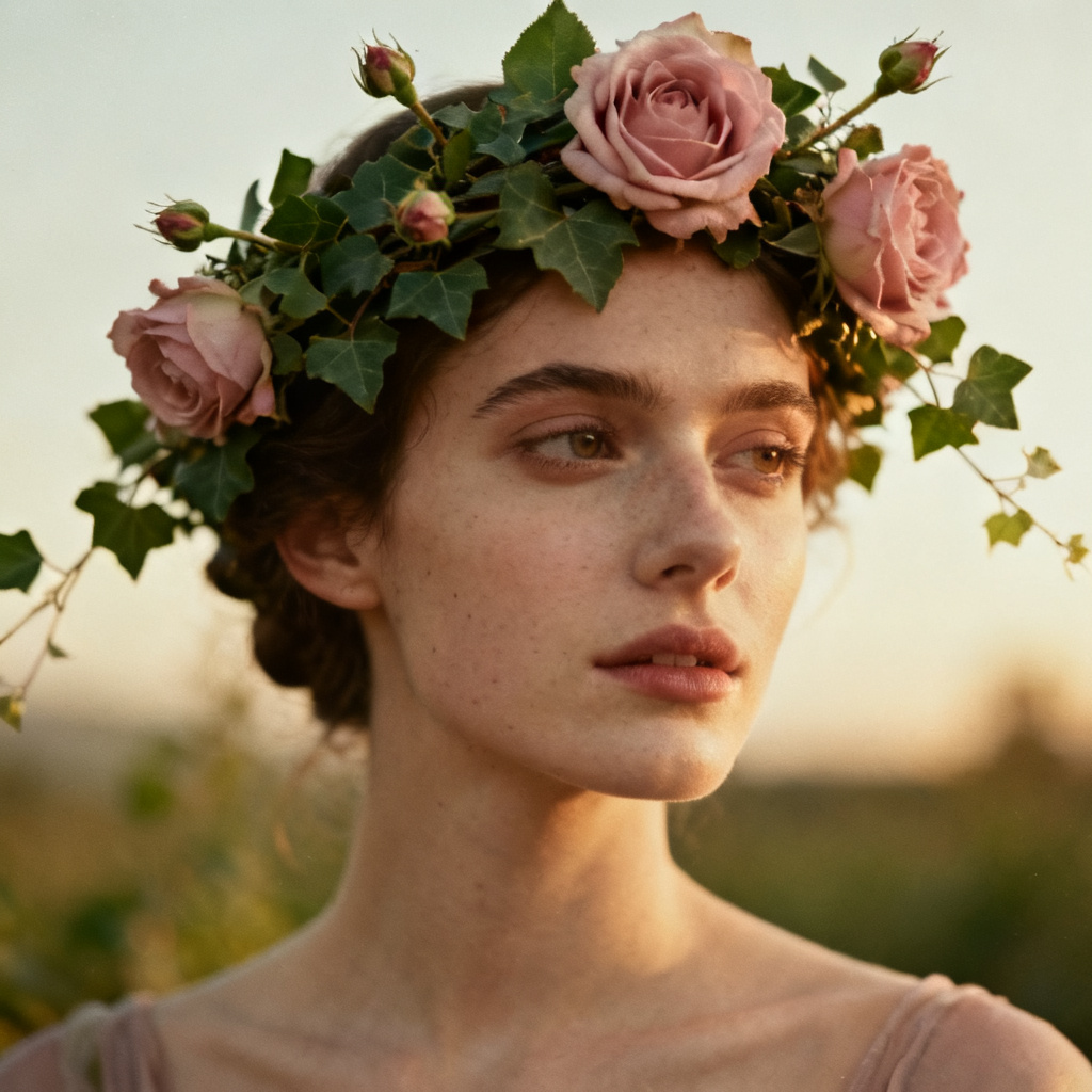 Vintage-styled portrait with rose garden crown